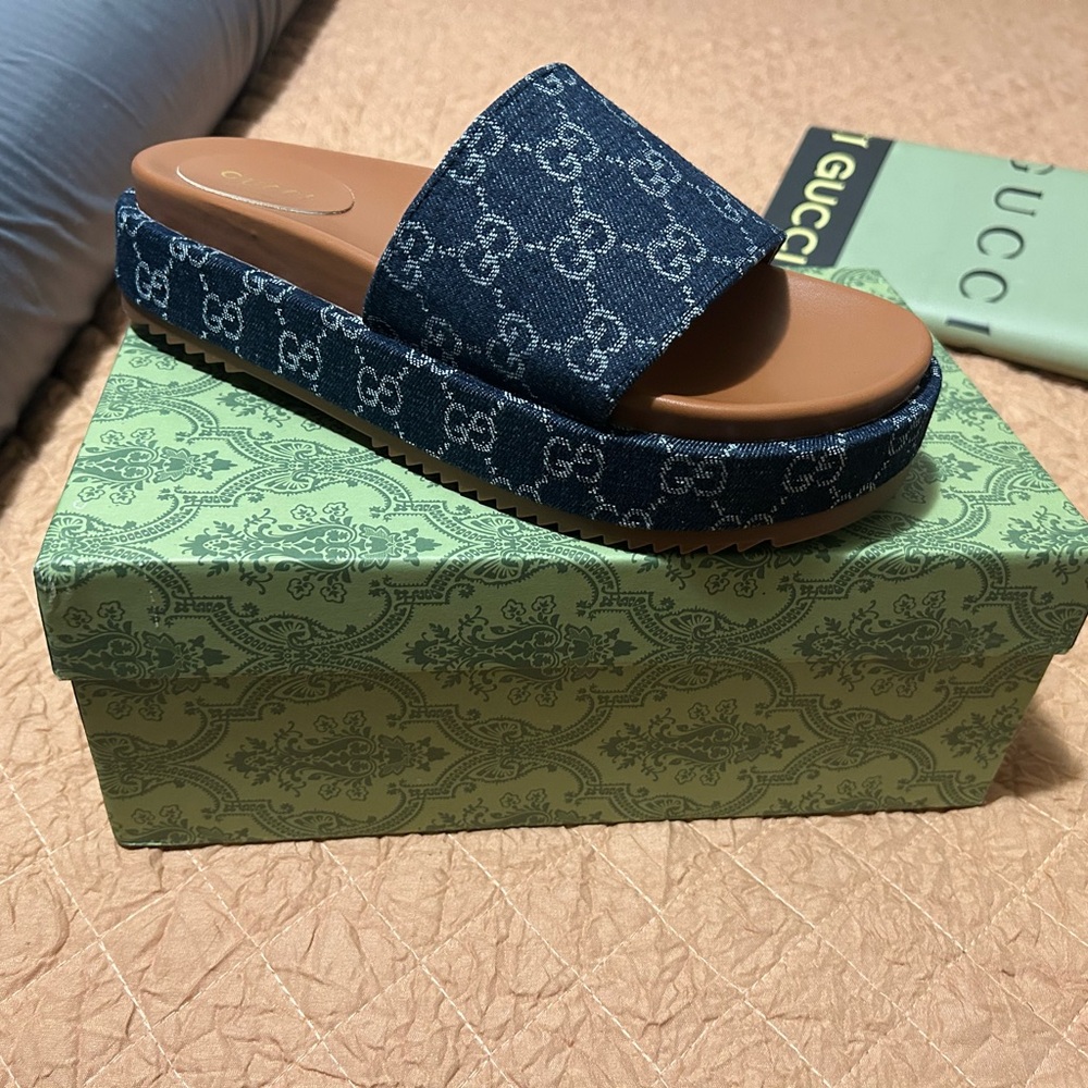 Blue Denim Slide Sandals NIB/Bag